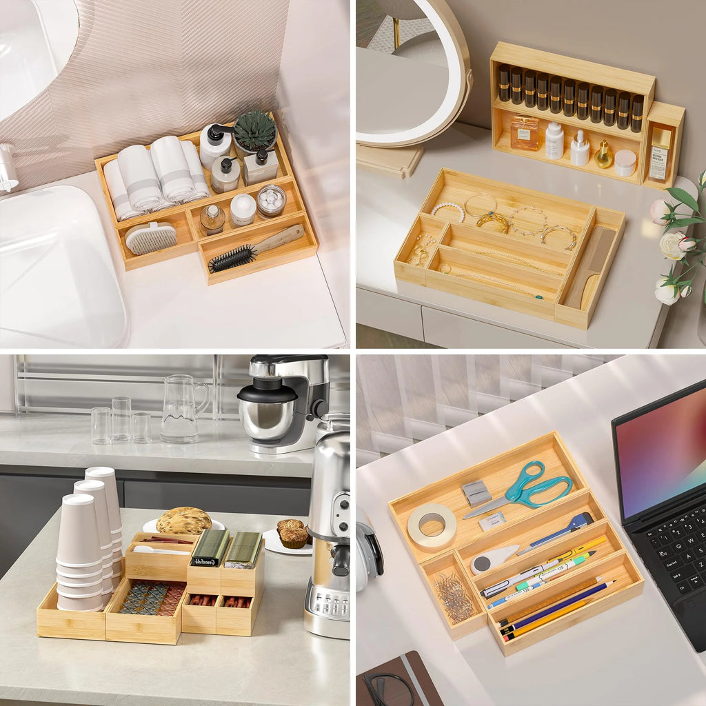 Bamboo Drawer Organizer, Stackable Utensil Tray, Set of 2 U1246