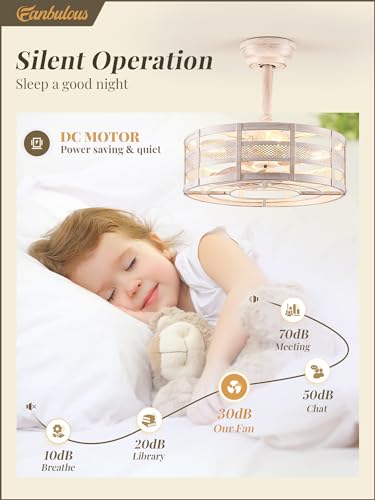 Caged Ceiling Fan with Light and Remote, Bladeless, 6 Speeds, White and Gold L189918