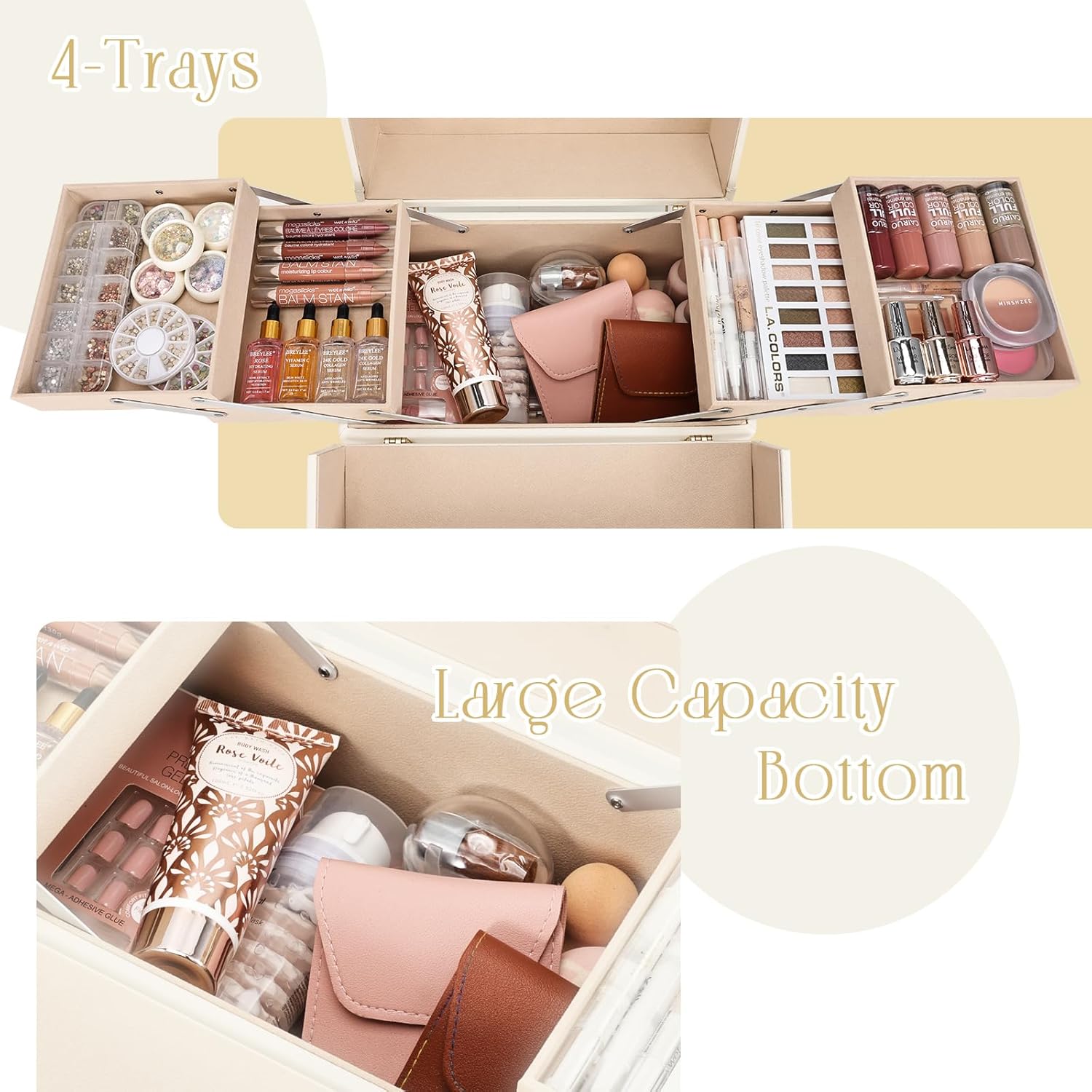 Large Portable Cosmetic Storage Box Organizer with 4 Trays R617848