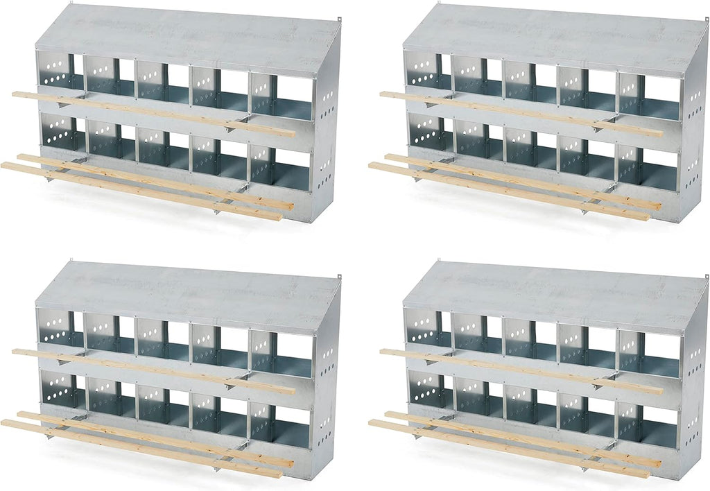 Brower 410B Galvanized Steel 10 Hole, 50 Bird Outdoor Poultry Nest Chicken Brooding Box with Hinged Folding Perches, Silver (4 Pack)