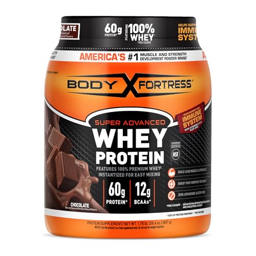 Body Fortress Super Advanced Whey Protein Powder, Chocolate, 60g Protein & 12g BCAAs Per 2 Scoops, Muscle Gain & Recovery, Immune Support with Vitamins C & D, 3.9lbs (Packaging May Vary)