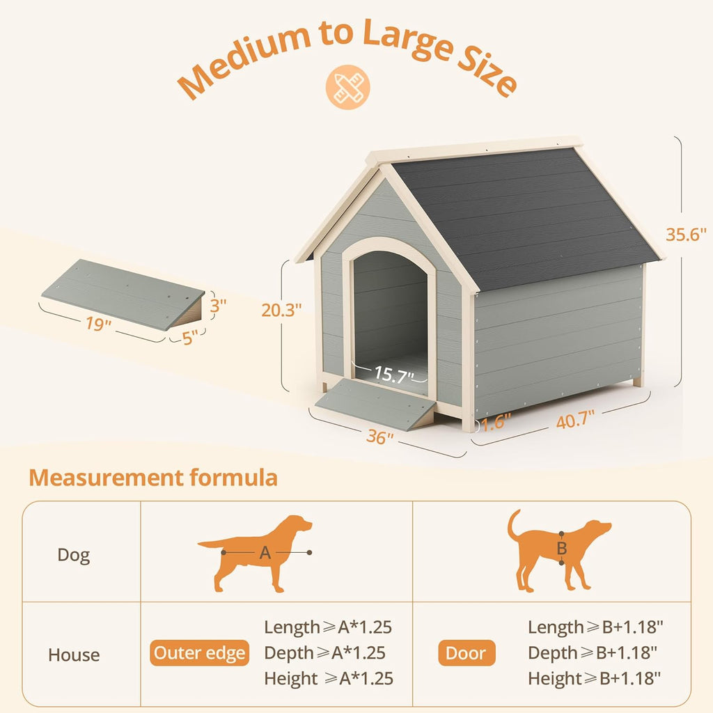 Dog House for Medium to Large Dogs Outdoor, Weatherproof Resin Kennel with Elevated Floor, Gray U60496