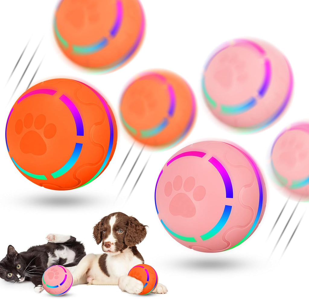 2 Pcs Interactive Dog Toys Peppy Pet Ball Moving Dog Toys Automatic Rolling Ball Toys with LED Flashlight Reliable and Safe Dog Toy for Medium Small Dogs, USB Rechargeable(Orange, Pink)