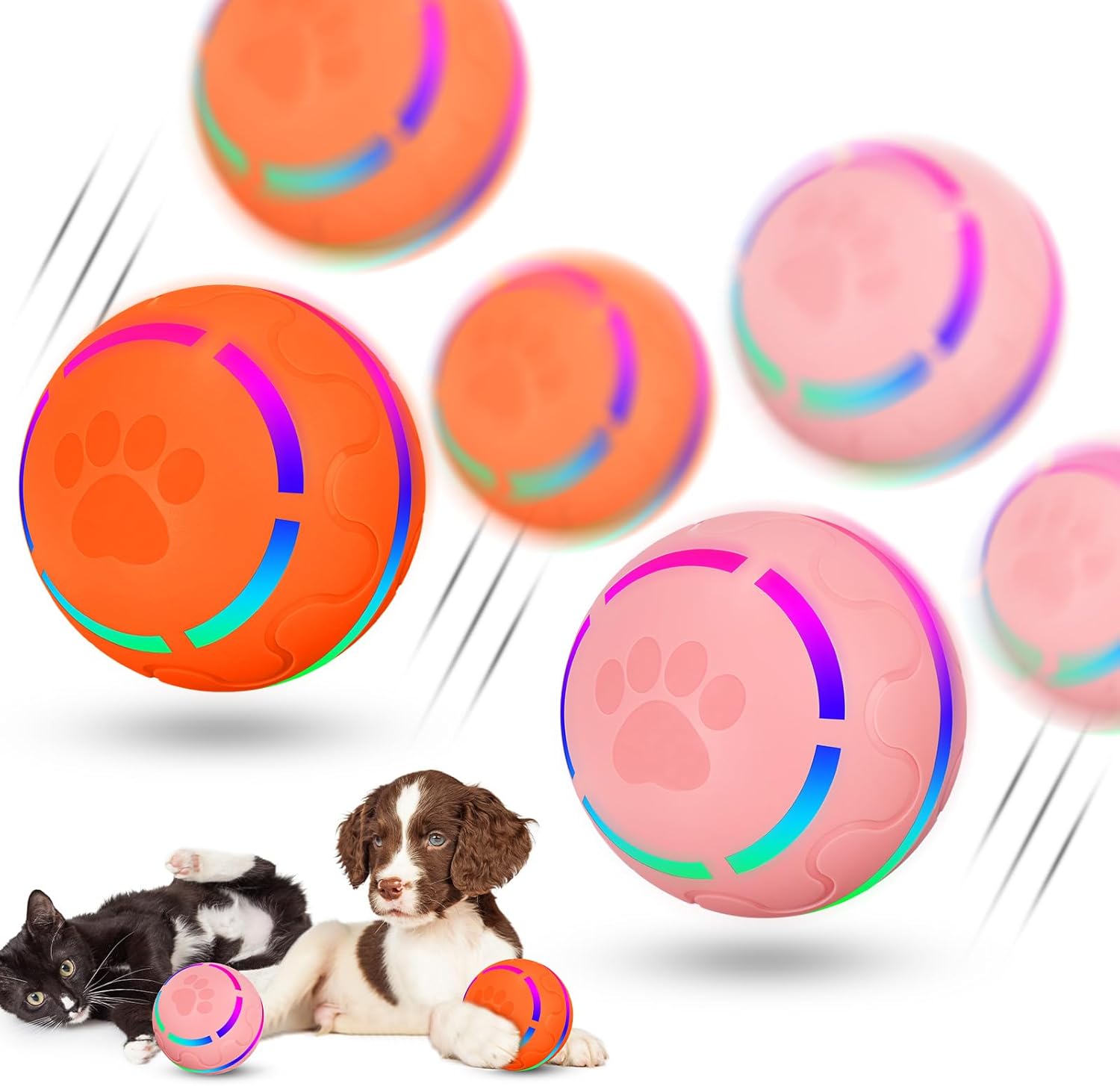 2 Pcs Interactive Dog Toys Peppy Pet Ball Moving Dog Toys Automatic Rolling Ball Toys with LED Flashlight Reliable and Safe Dog Toy for Medium Small Dogs, USB Rechargeable(Orange, Pink)