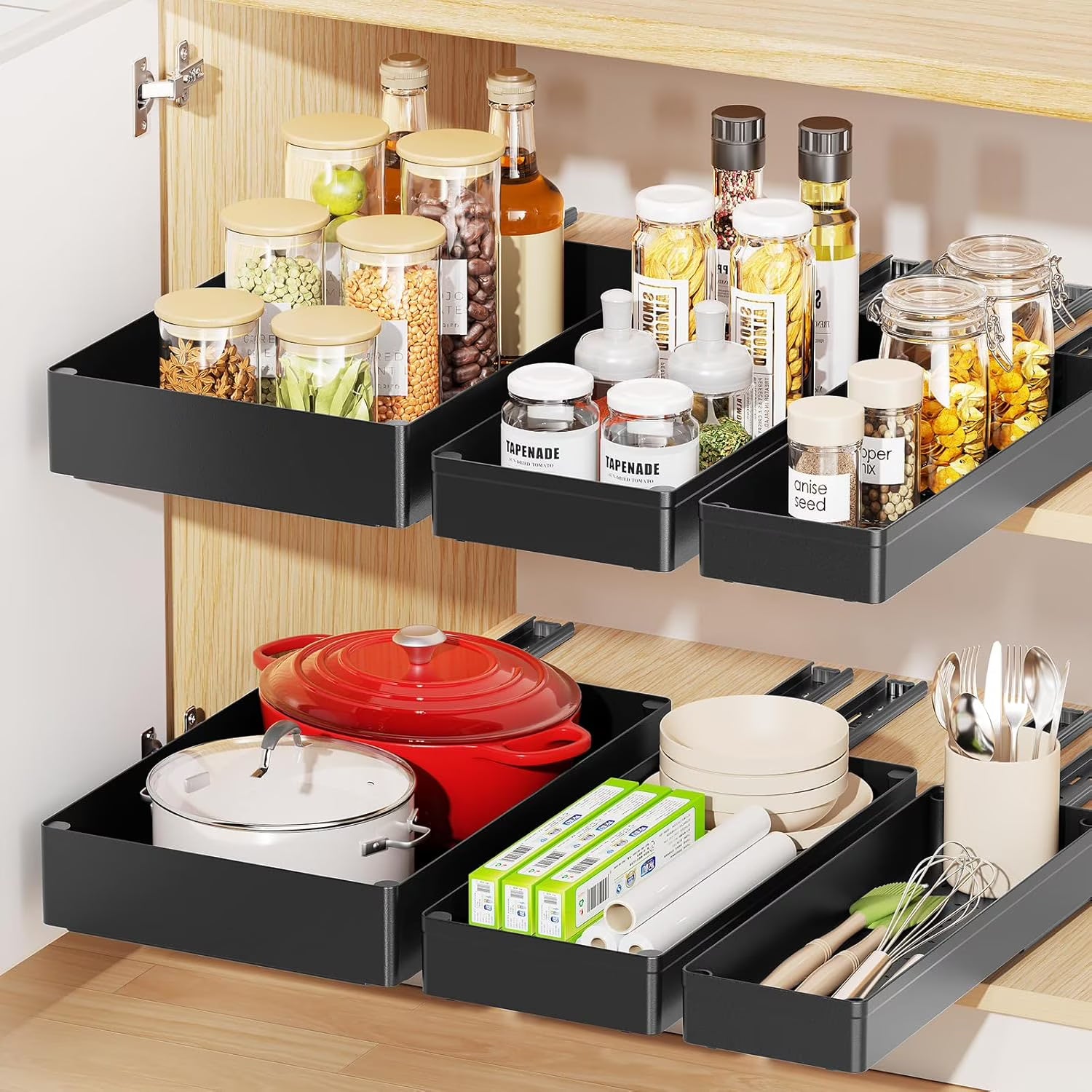 3 Pack Pull Out Cabinet Organizer, 15.7Deep Pull Out Drawers for Cabinets, Slide Out Drawers for Kitchen Cabinets, Bathroom Cabinet Organizer, Pantry (Black)