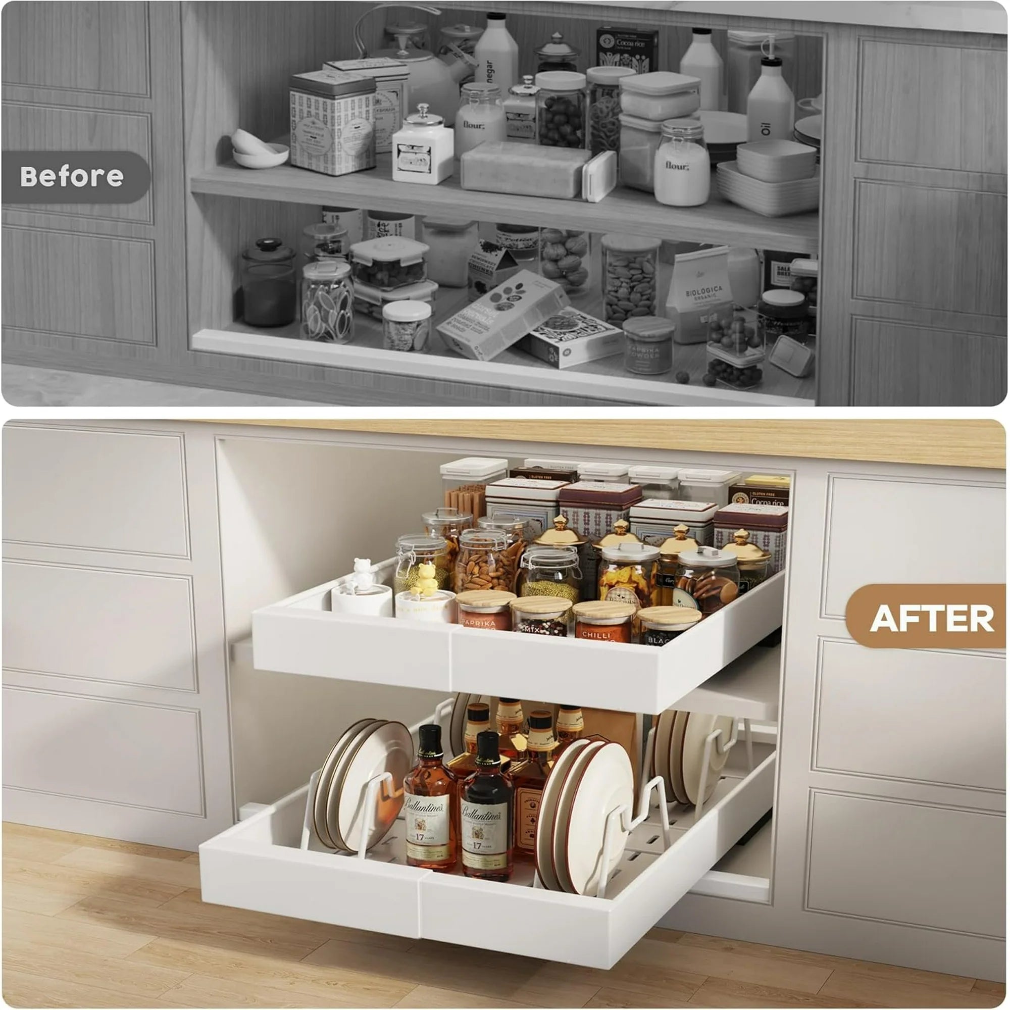 Pull Out Cabinet Organizer 21D with Raising Pad, Expandable Slide Out Drawers for Kitchen Cabinets C3894