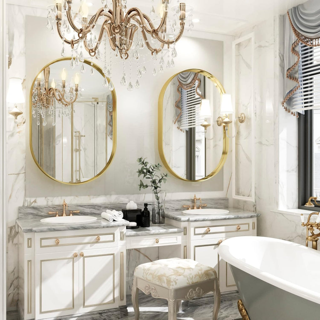 Oval Wall Mirror 24×36 Inch for Bathroom, Gold Metal Frame, Wall Mounted D92706