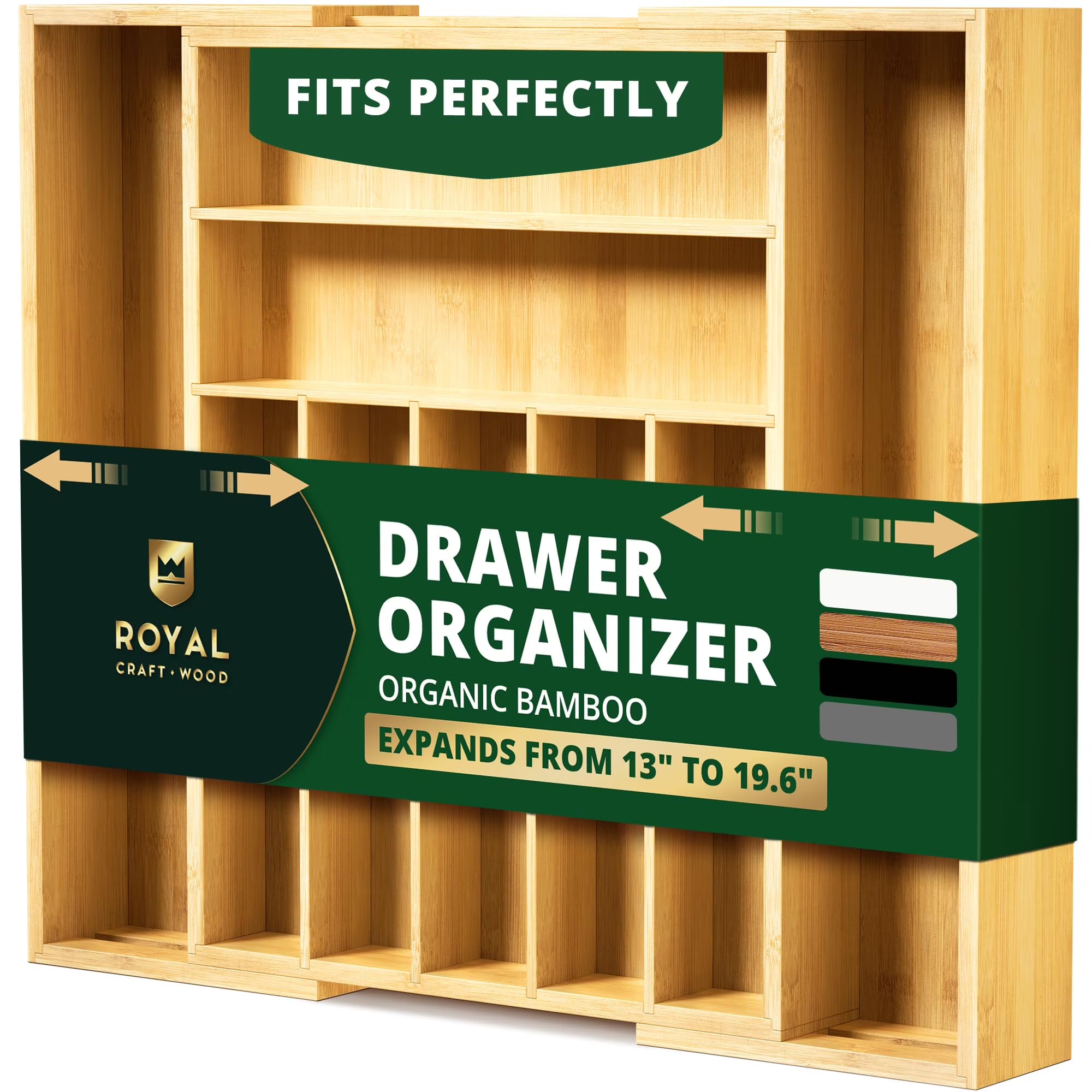 Kitchen Utensil Organizer, Bamboo Drawer Tray with 9 Compartments, Expandable Silverware Holder for Flatware, Cutlery Storage Solution for Drawers, Brown