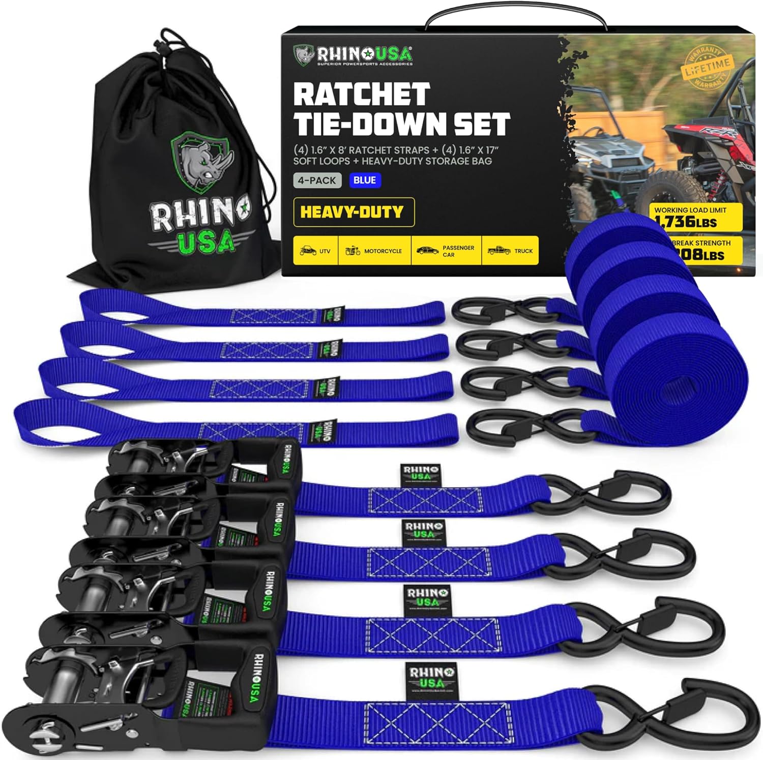 RHINO USA Ratchet Straps Tie Down Kit, 5,208 Break Strength - Includes (4) Heavy Duty Rachet Tiedowns with Padded Handles & Coated Chromoly S Hooks + (4) Soft Loop Tie-Downs
