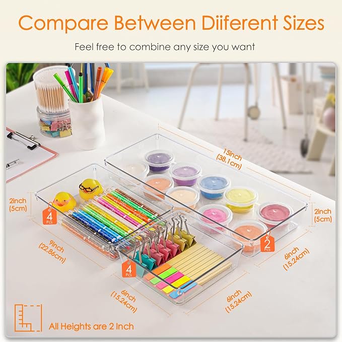 Clear Plastic Drawer Organizer Trays, 3 Sizes, 10 Pack Z585489
