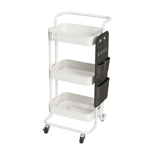 3 Tier Metal Rolling Cart with Table Top, Utility Cart with Wheels & Side Bags, Rolling Storage Cart for Teachers, Art Craft Cart with 4 Hooks for Kitchen Bathroom Office Classroom Pink