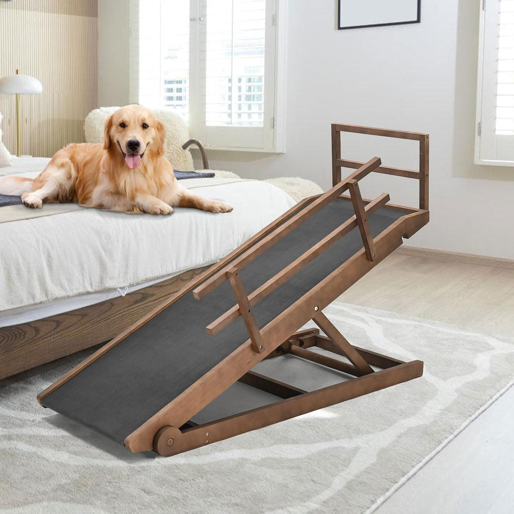 Dog Ramp, 5 Level Adjustable Folding Pet Ramp for High Bed, Upgrade Rubber Mat High Traction Ramp, Wooden Folding Pet Ramp for Bed, Couch,SUV, Natural Wood Pet Ramp for Small & Old Dogs & Cat