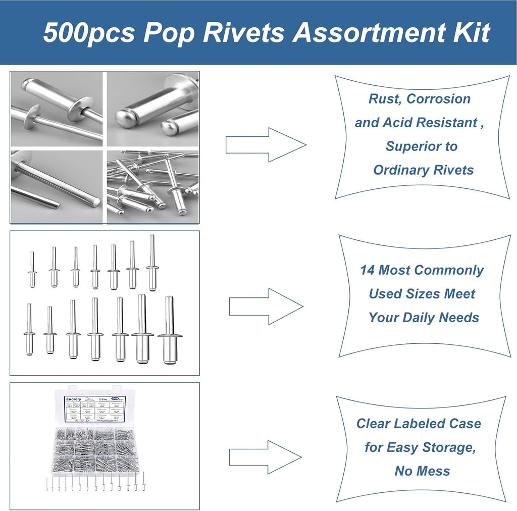 Pop Rivets Assortment Kit, 14 Sizes Aluminum Blind Rivets L5394