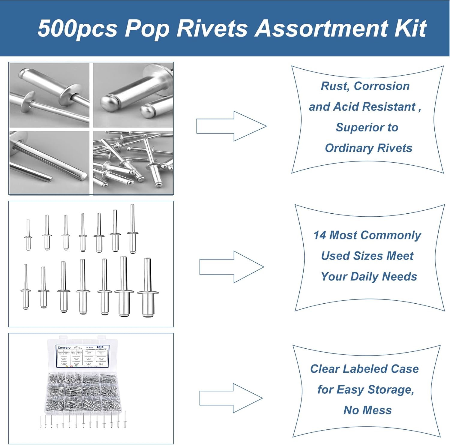 Pop Rivets Assortment Kit, 14 Sizes Aluminum Blind Rivets L5394