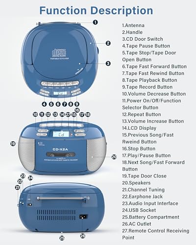 CD Player & Cassette Player Combo with Bluetooth, AM/FM Radio, Remote Control D908961