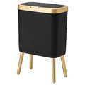 Office Trash Can with Lid, Black Bathroom Trash Can with Gold Edge, Modern Narrow Garbage Can with Legs, Slim Plastic Trash Bin for Bedroom, Living Room,Kitchen,Toilet, 4 Gallon