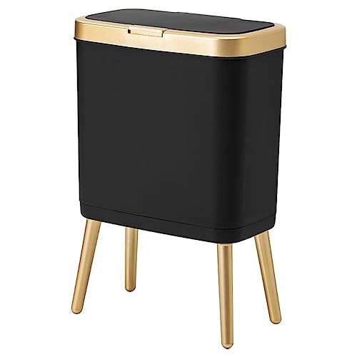 Office Trash Can with Lid, Black Bathroom Trash Can with Gold Edge, Modern Narrow Garbage Can with Legs, Slim Plastic Trash Bin for Bedroom, Living Room,Kitchen,Toilet, 4 Gallon