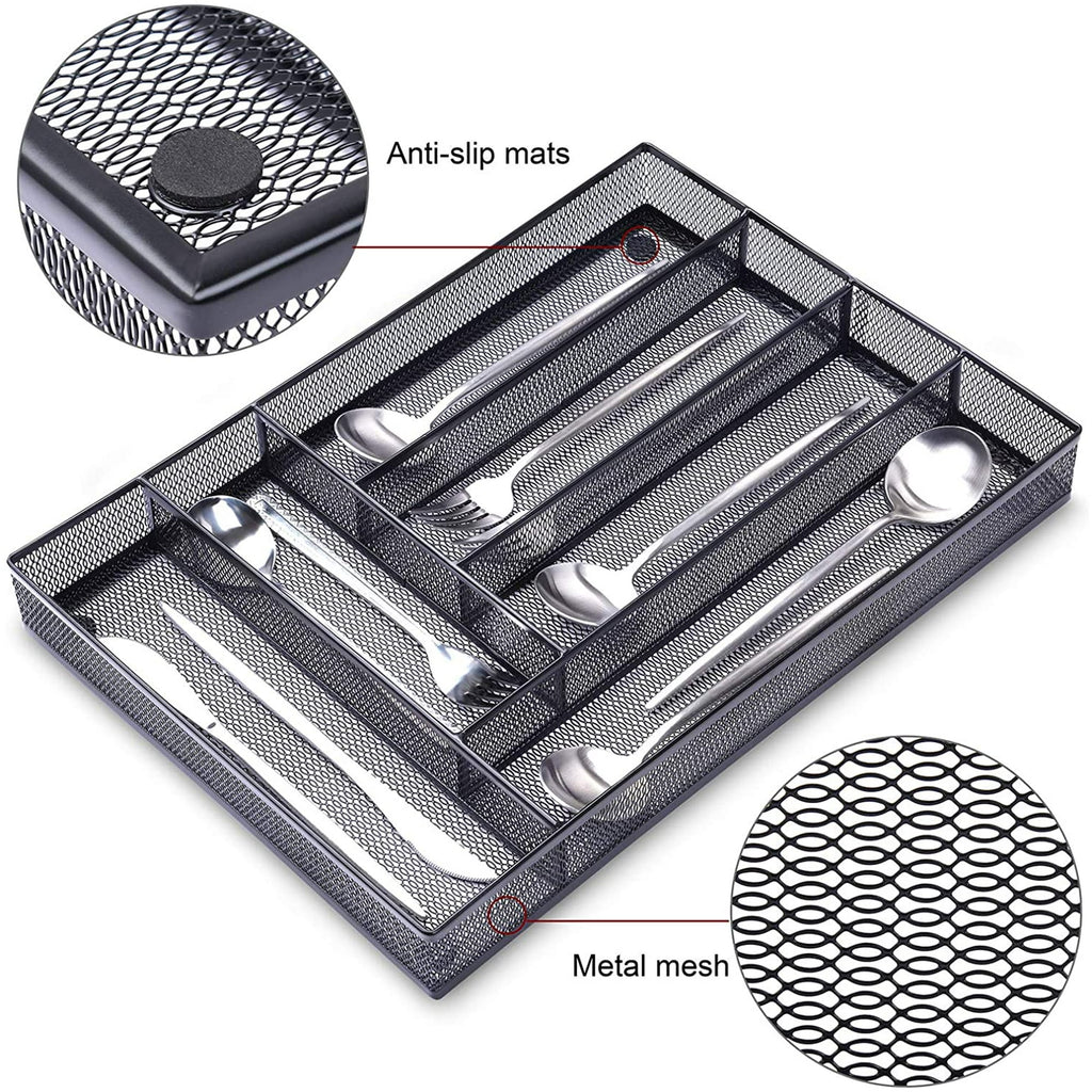 Metal Mesh Kitchen Flatware Organizer Tray with Non Slip Mat J562