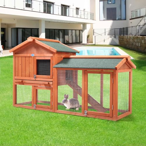 Wooden Rabbit Hutch Indoor with Removable Tray & Ramp, Waterproof Roof P790