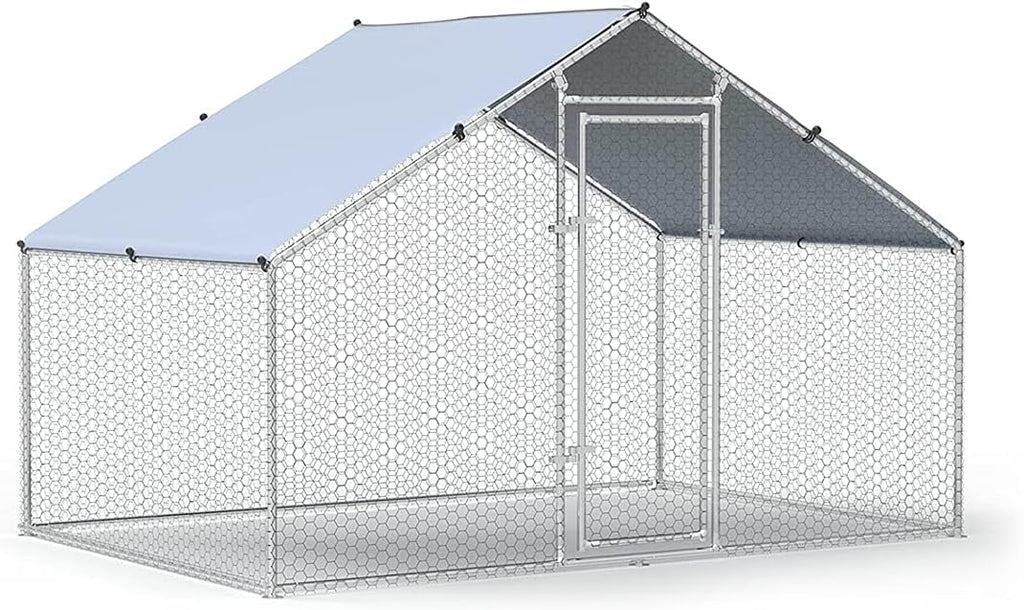 Large Metal Chicken Coop Walk-in Poultry Cage Chicken Run Duck House Chicken Pen Spire Shaped Coop with Waterproof and Anti-Ultraviolet Cover for Outdoor Backyard Farm Use(9.8' L x 6.6' W x 6.4' H)
