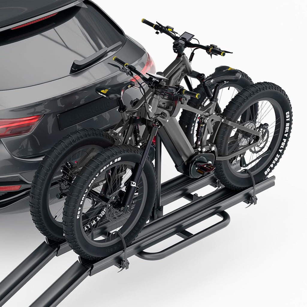 2 EBike Rack with Ramp, up to 5" Fat Tire Carrier, Lockable & Foldable Bike Racks, 200 LBS Capacity Electric Bicycles Racks Platform for Standard, Fits 2" Hitch for SUVs Cars Trucks Vans