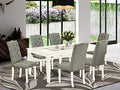 East West Furniture Weston 7 Piece Set Consist of a Rectangle Dining Room Table with Butterfly Leaf and 6 Gray Fabric Upholstered Chairs, 42x60 Inch, Linen White