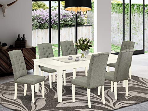 East West Furniture Weston 7 Piece Set Consist of a Rectangle Dining Room Table with Butterfly Leaf and 6 Gray Fabric Upholstered Chairs, 42x60 Inch, Linen White