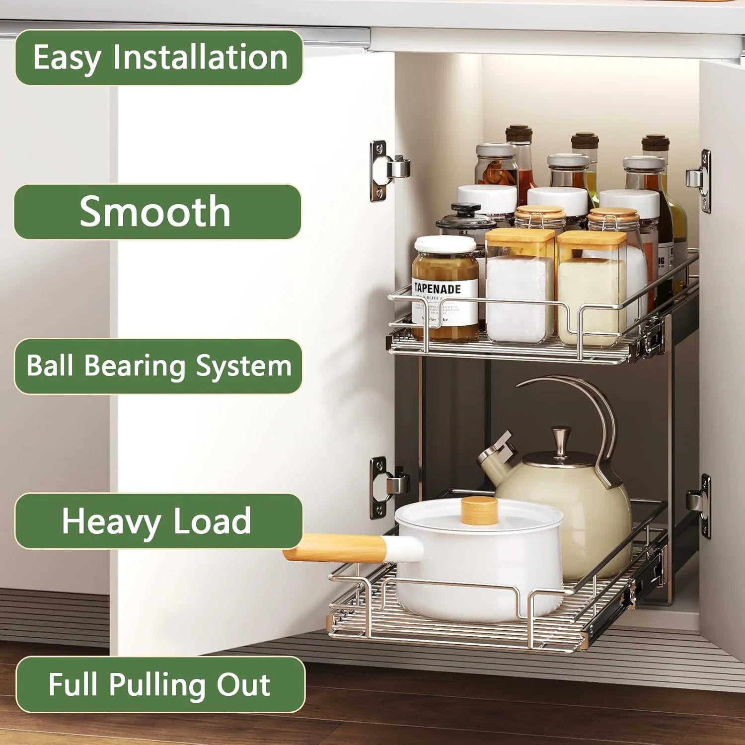 Pull Out Cabinet Organizer 27W x 21½D, Heavy Duty Slide Out Shelves E42701