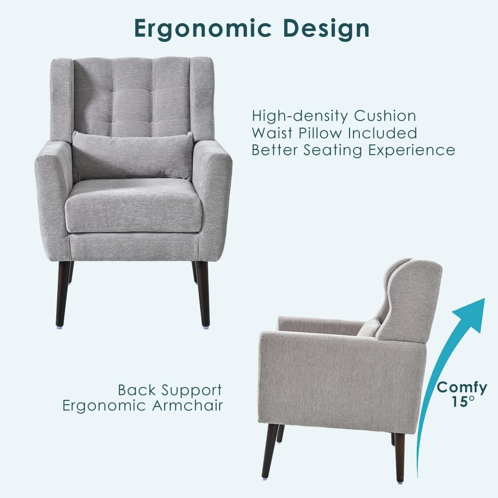Chenille Accent Armchair with Pillow, Solid Wood Legs W64975
