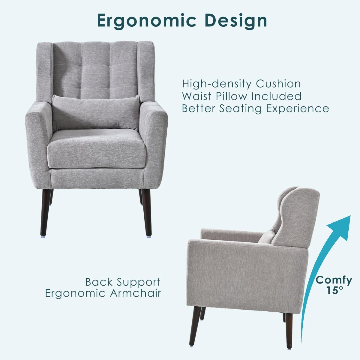 Chenille Accent Armchair with Pillow, Solid Wood Legs W64975