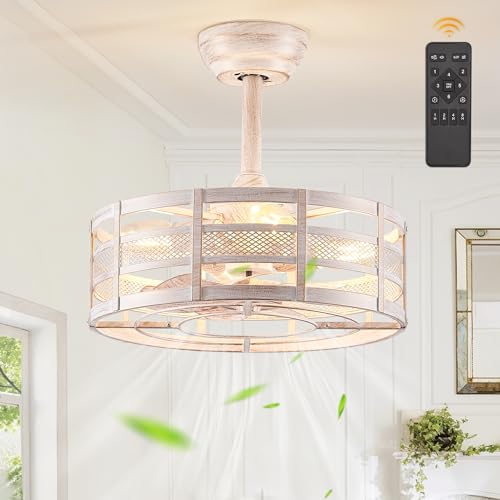 16in Caged Ceiling Fans with Lights and Remote, Bladeless Fandelier Ceiling Fan with 6 Speeds and Timing, Farmhouse Samll Fan Lights Ceiling Fixtures for Kitchen, Bedroom-White and Gold