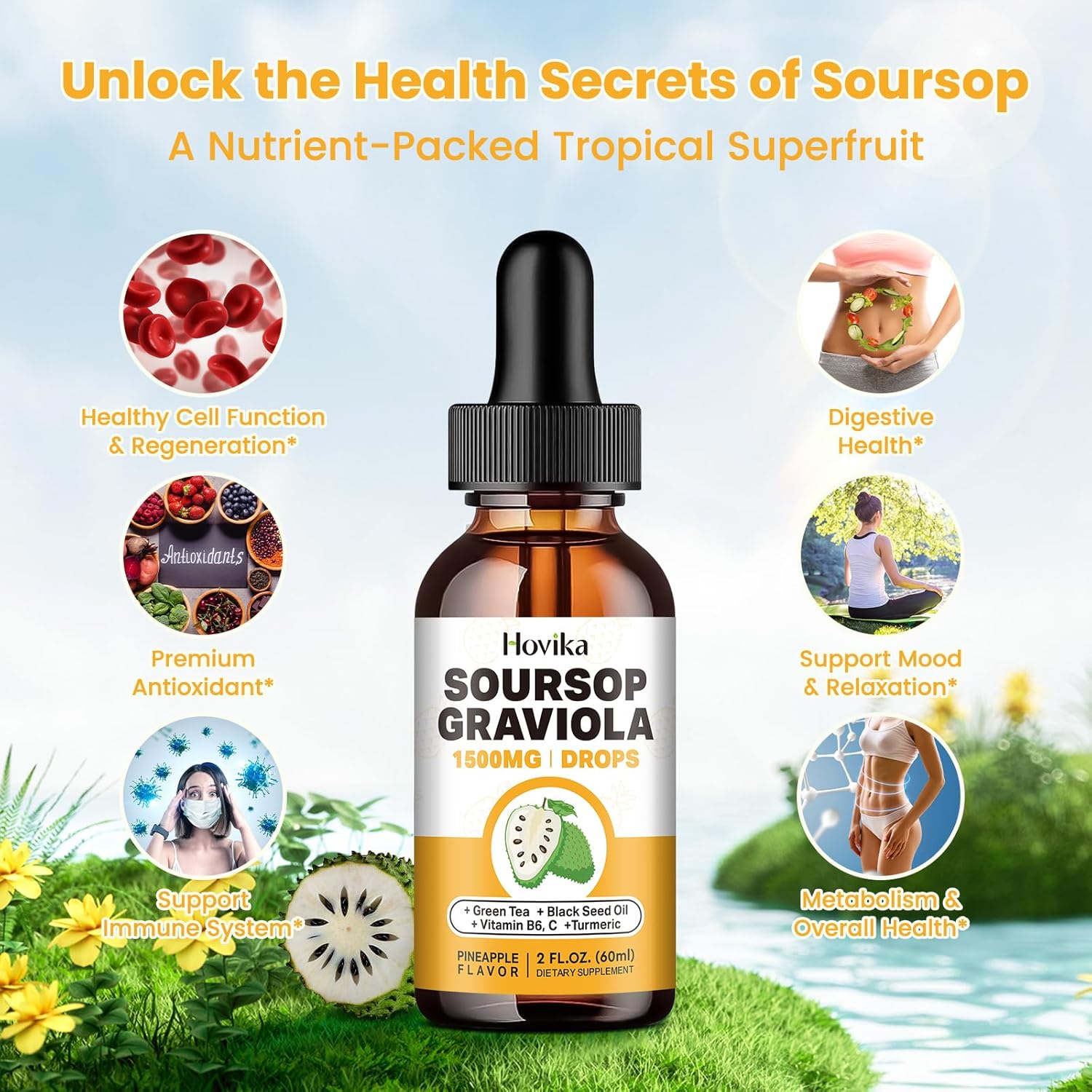 Soursop Graviola Liquid Drops with Green Tea, Black Seed Oil, Turmeric, 2 Fl Oz E51106