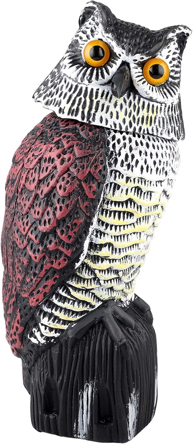 Besmon Bird Owl to Frighten Birds,Fake Owl Statue Decoy,Plastic Owl Scarecrow with Rotating Head for Garden Yard Outdoor