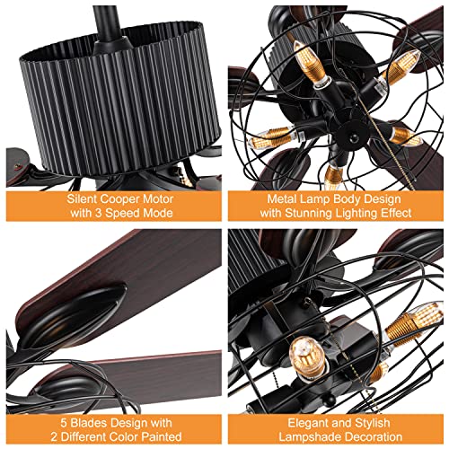 Caged Ceiling Fan with Lights Remote Control, 52" Industrial Black, 5 Reversible Blades L834504