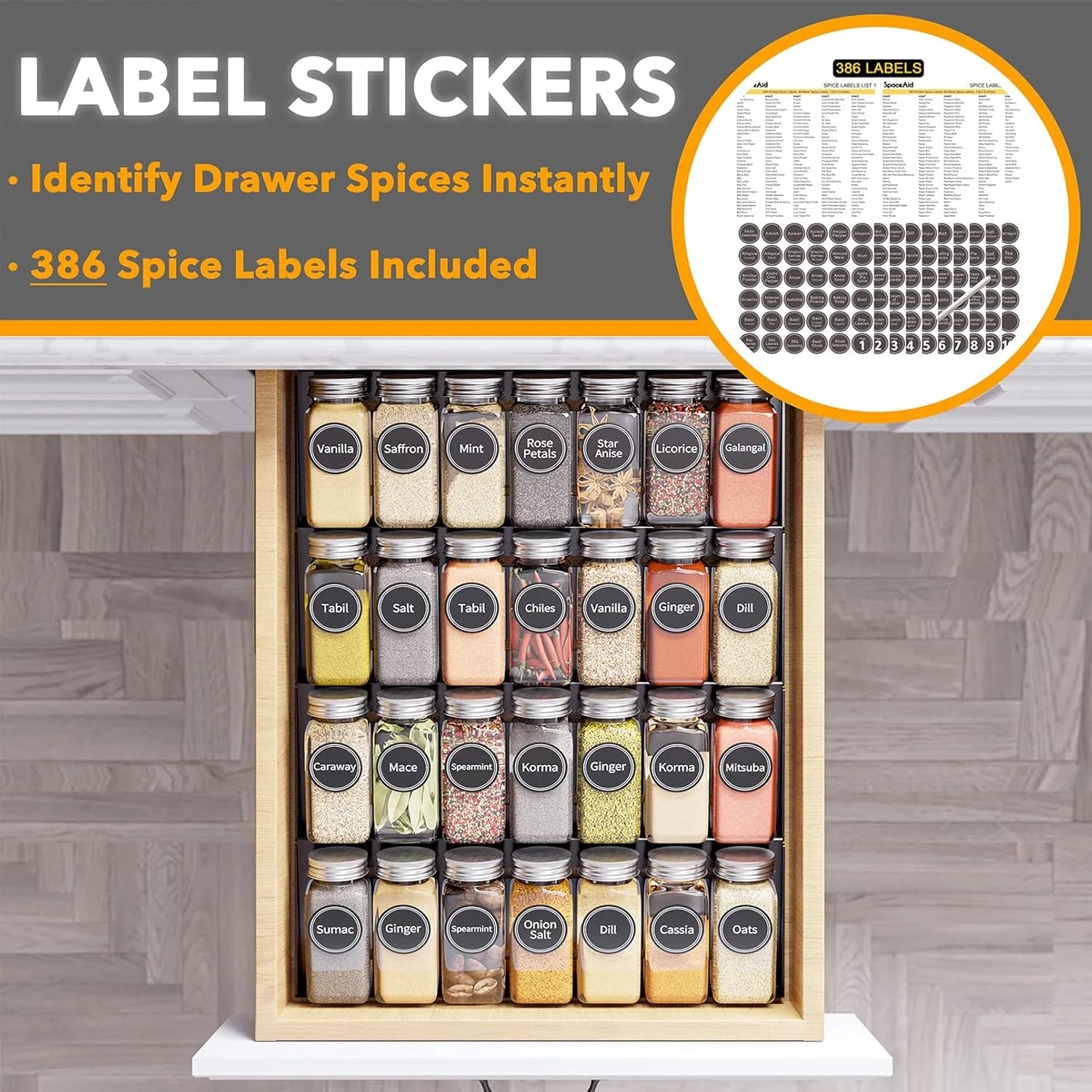Spice Jar Drawer Organizer with Labels, 4-Tier Tray F1959
