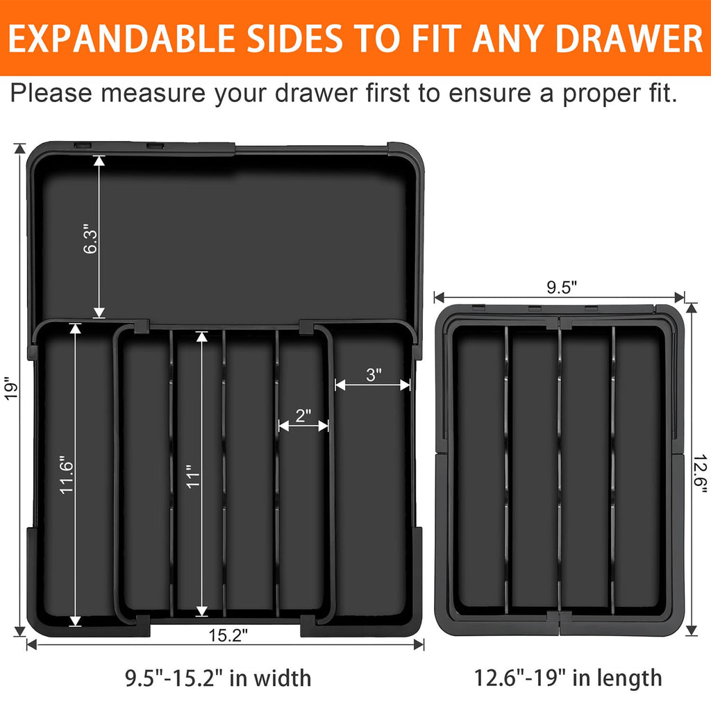 Expandable 7-Section Drawer Divider for Cutlery, Non-Slip, Black Z48118