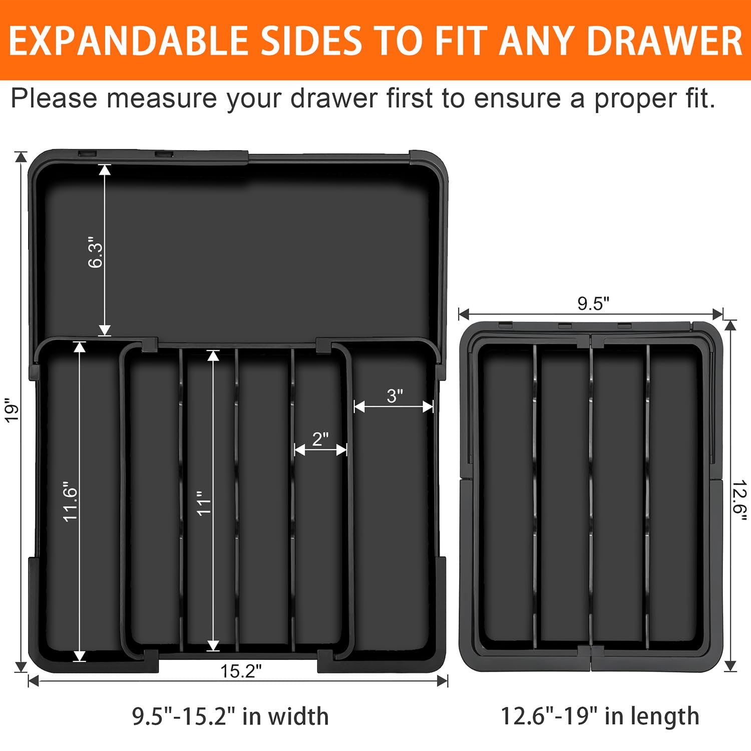 Expandable 7-Section Drawer Divider for Cutlery, Non-Slip, Black Z48118