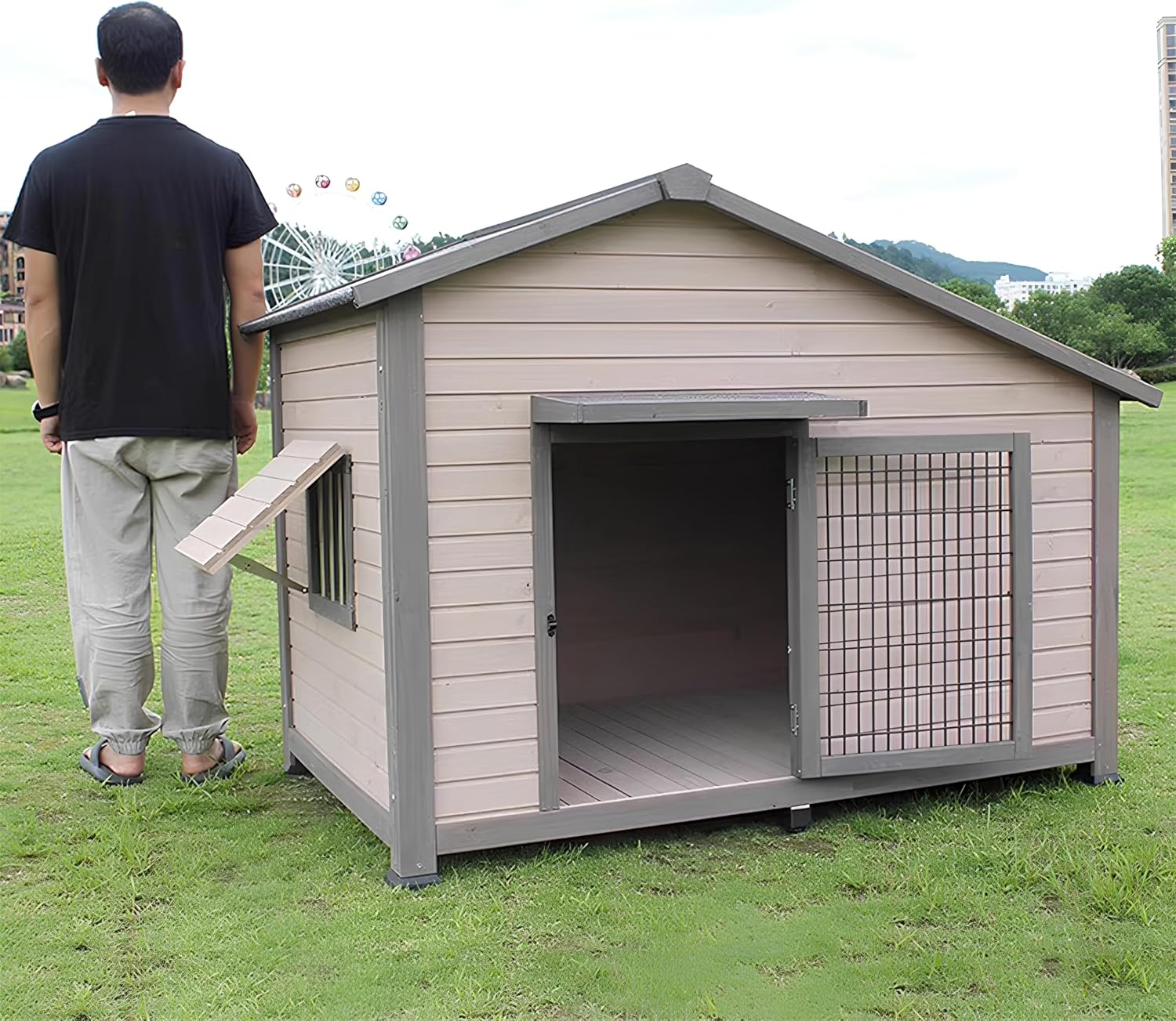 Dog House Outdoor xlarge Weatherproof with Air Vent & Elevated Floor & Door Window, Sturdy & Well Built Wooden Dog House for Pets - Simple and Easy to Put Together & Weather Resistant, Grey