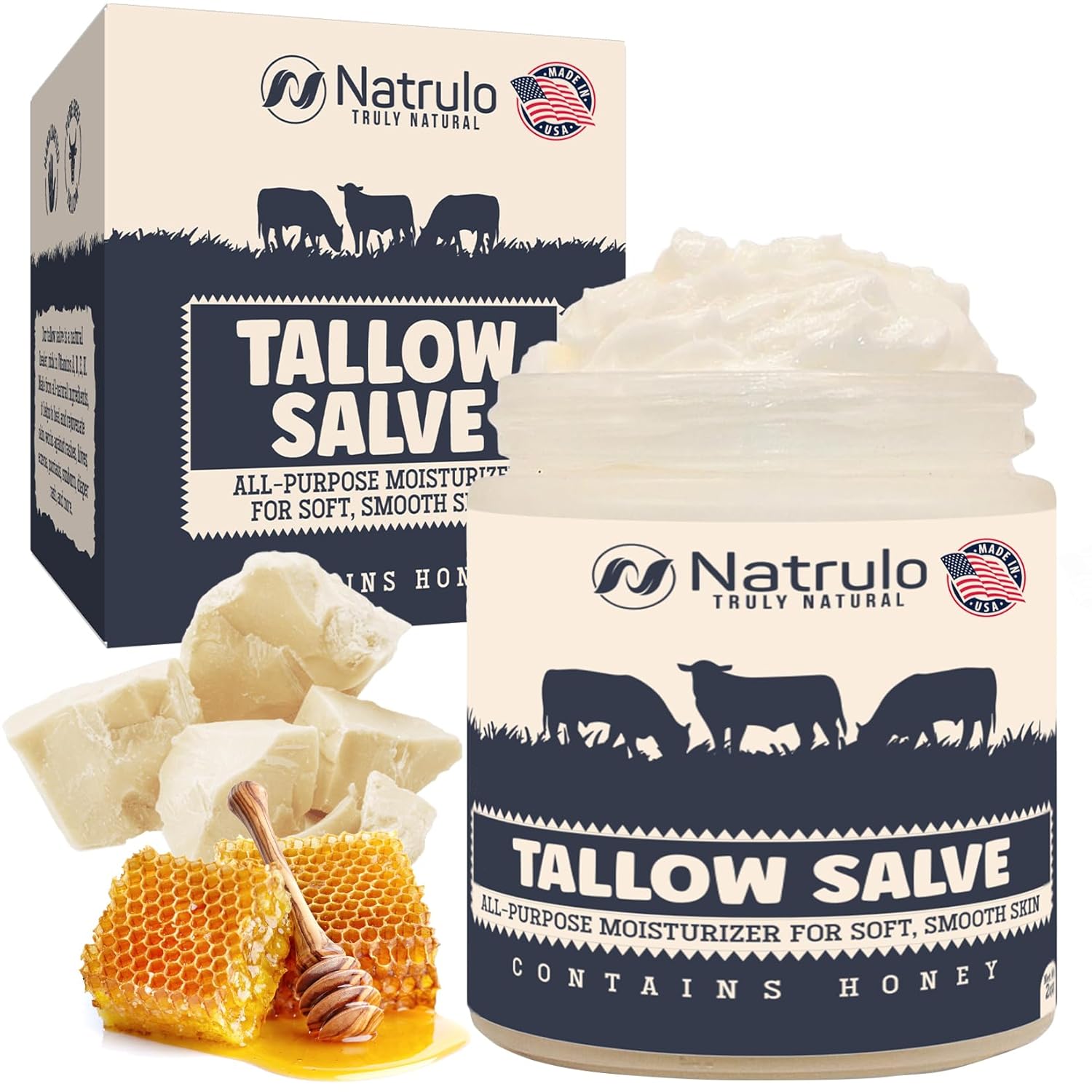 Beef Tallow Salve – All Natural Grass Fed Beef Tallow & Honey All Purpose Balm – Moisturizing Body Salve Great for Eczema, Cracked, Dry, Itchy, Irritated Skin – Skin Repair Skincare Made in USA