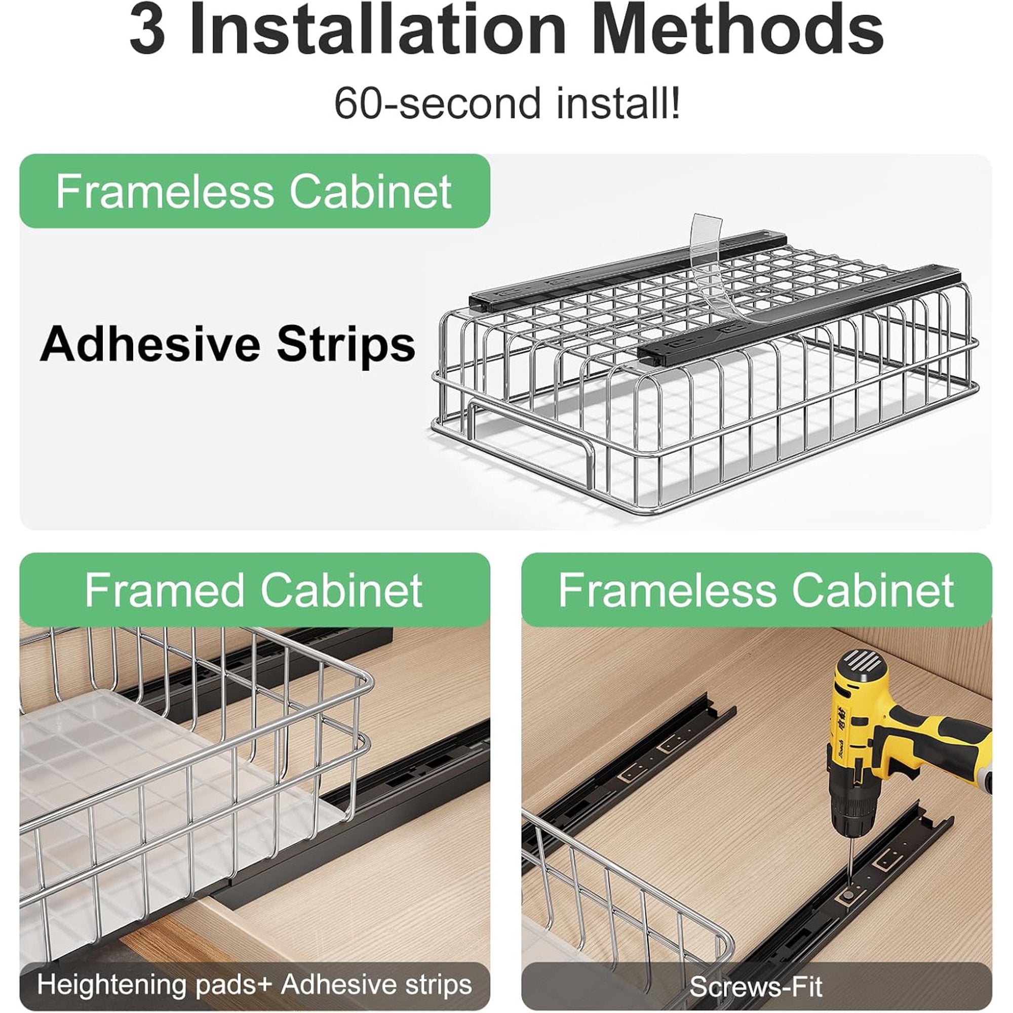 Pull Out Cabinet Organizer, 2 Pack Stainless Steel Slide Out Drawers, No Drill Adhesive Racks for Kitchen Pantry Storage Z1875