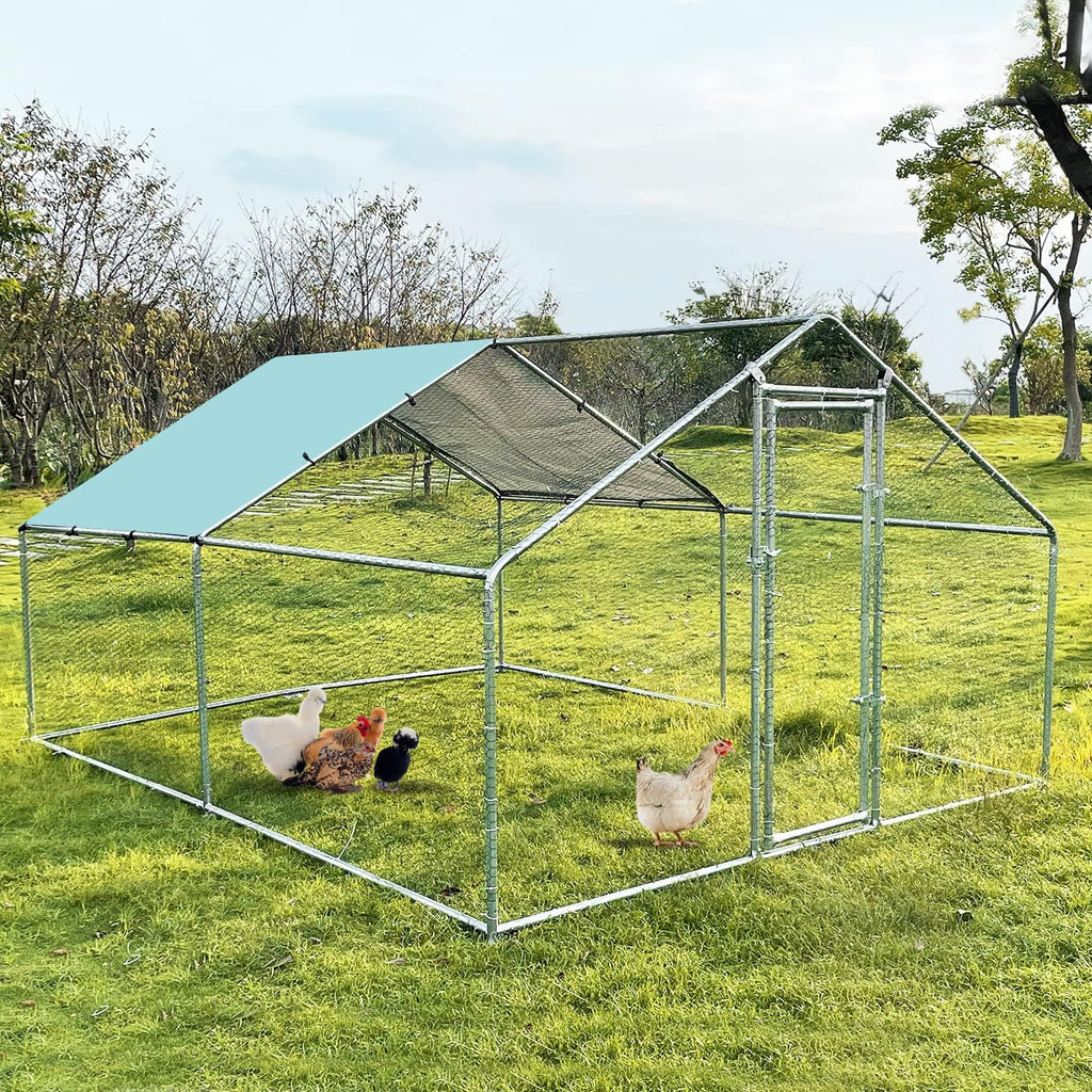 Large Metal Chicken Coop Walk-in Poultry Cage Chicken Run Duck House Chicken Pen with Waterproof and Anti-Ultraviolet Cover for Outdoor Yard Farm(9.8' L x 13.1' W x 6.4' H)