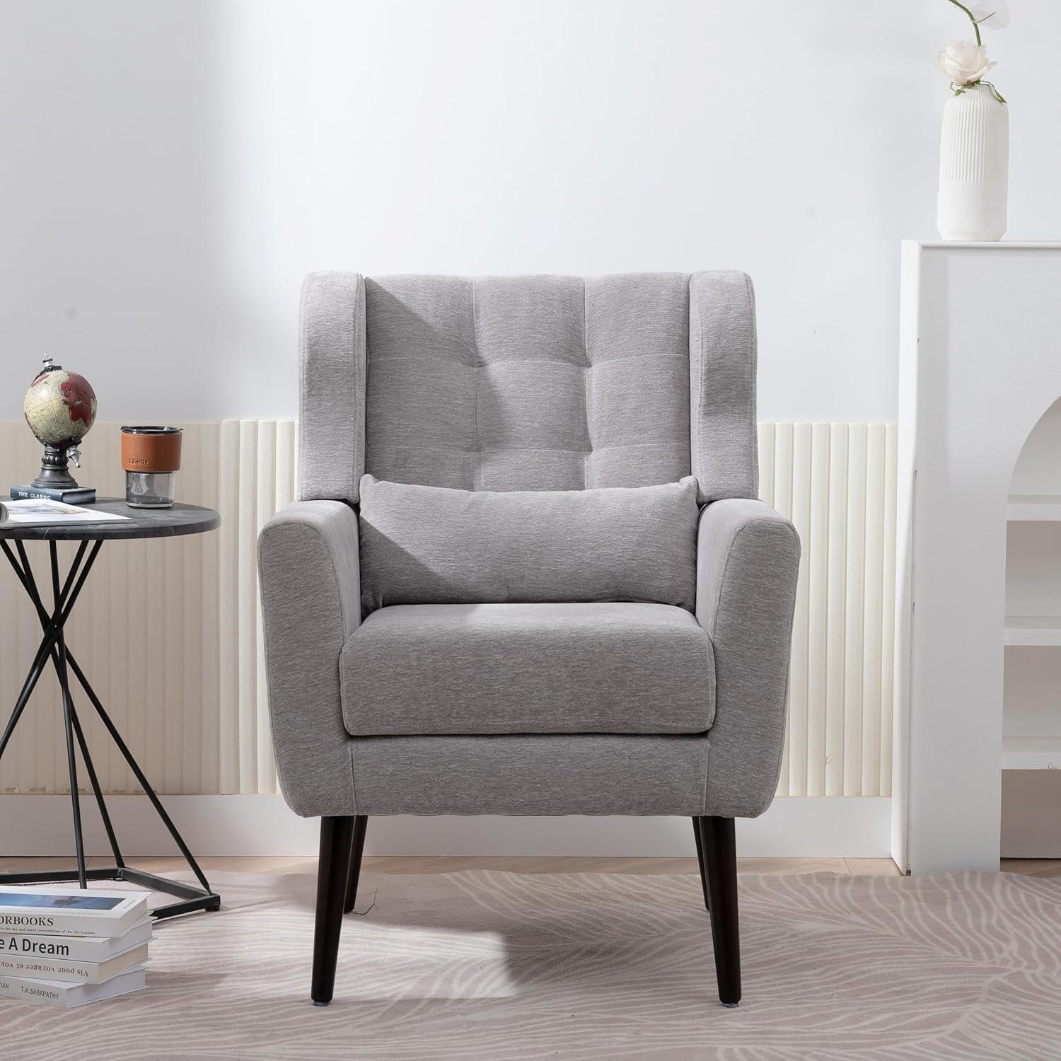 Chenille Accent Armchair with Pillow, Solid Wood Legs W64975