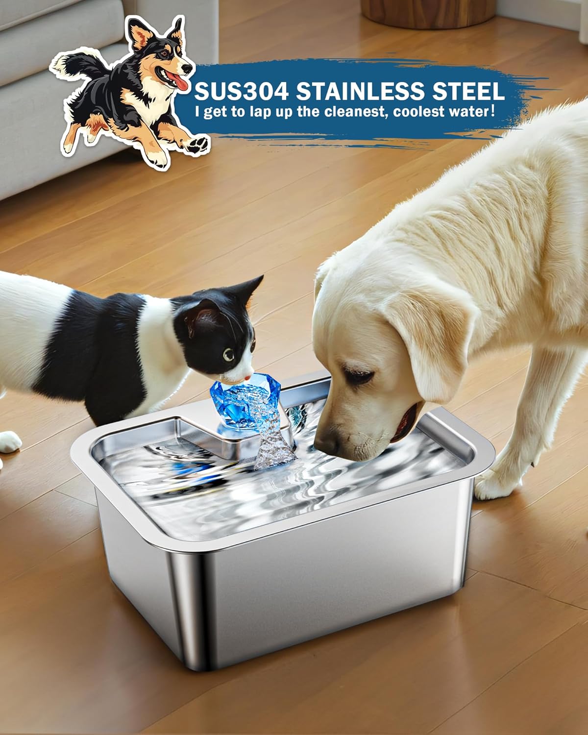 Stainless Steel Dog Water Fountain for Large Dogs, 3 Gallon with 2 Filters E635