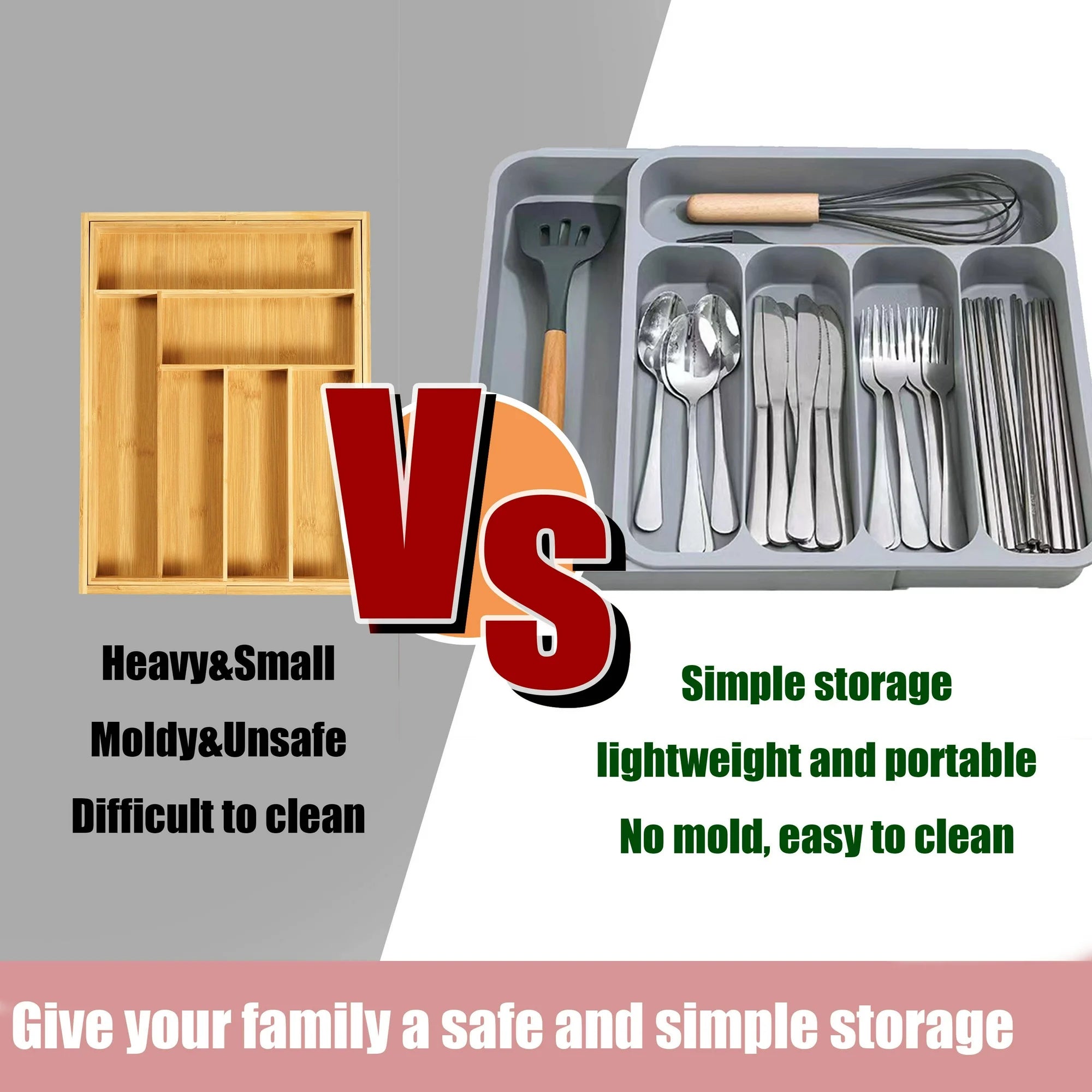 Expandable Utensil Tray for Kitchen Drawer, Adjustable Plastic Cutlery Holder P48914