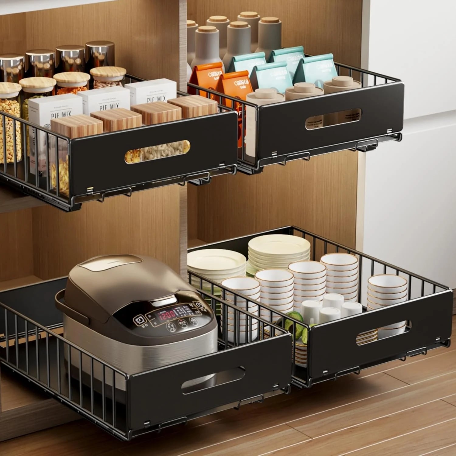 Pull Out Cabinet Organizer with 8 Dividers, 21.8" Deep, Black C252300