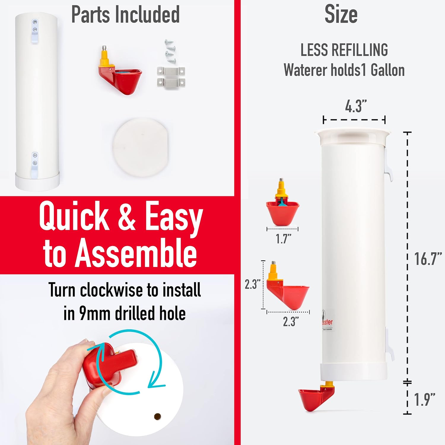 1 Gallon Automatic Chicken Waterer with Gravity-Feed Cup for Indoor and Outdoor Poultry S3919