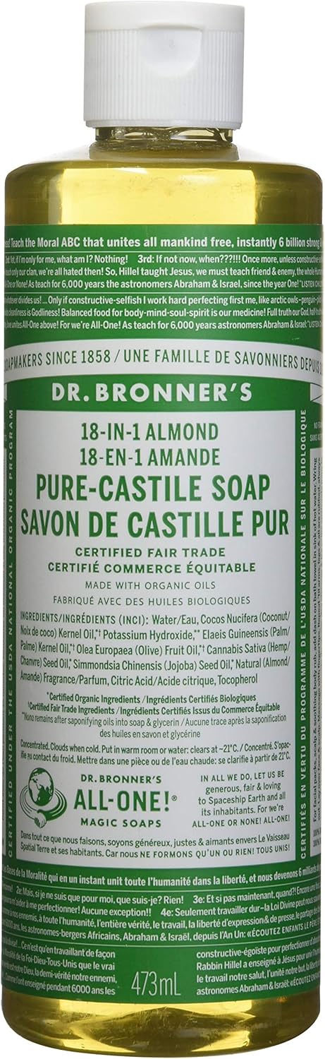 Dr. Bronner's 18-in-1 Hemp Almond Pure-Castile Liquid Soap, 1 Pound (Pack of 1).