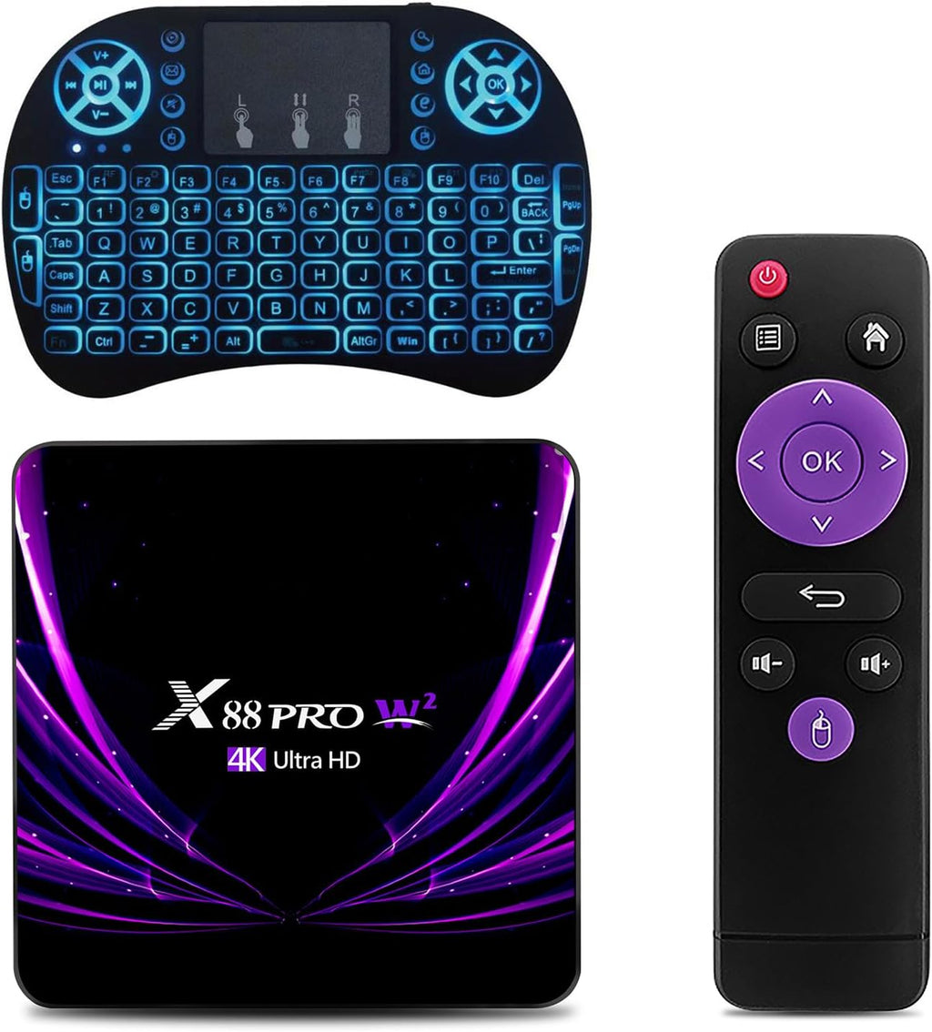 Android TV Box 11.0, Android Box Amlogic S905W2 Quad Core 4GB RAM 32GB ROM Support Dual-WiFi 2.4G 5G with HDR10 BT5.0 USB 2.0 3D Ethernet with Mini Backlit Keyboard