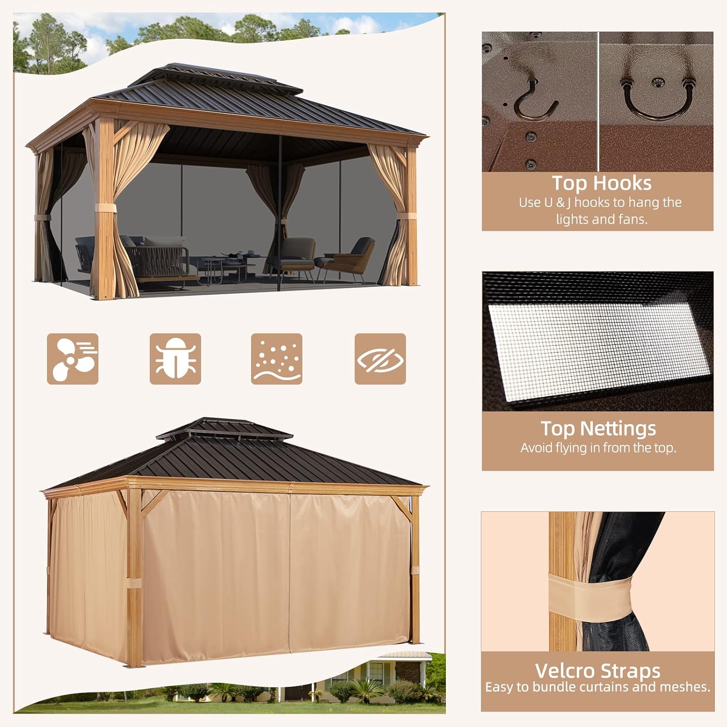 10 x 12 ft Hardtop Gazebo with Galvanized Steel Double Roof, Curtains and Netting W479989