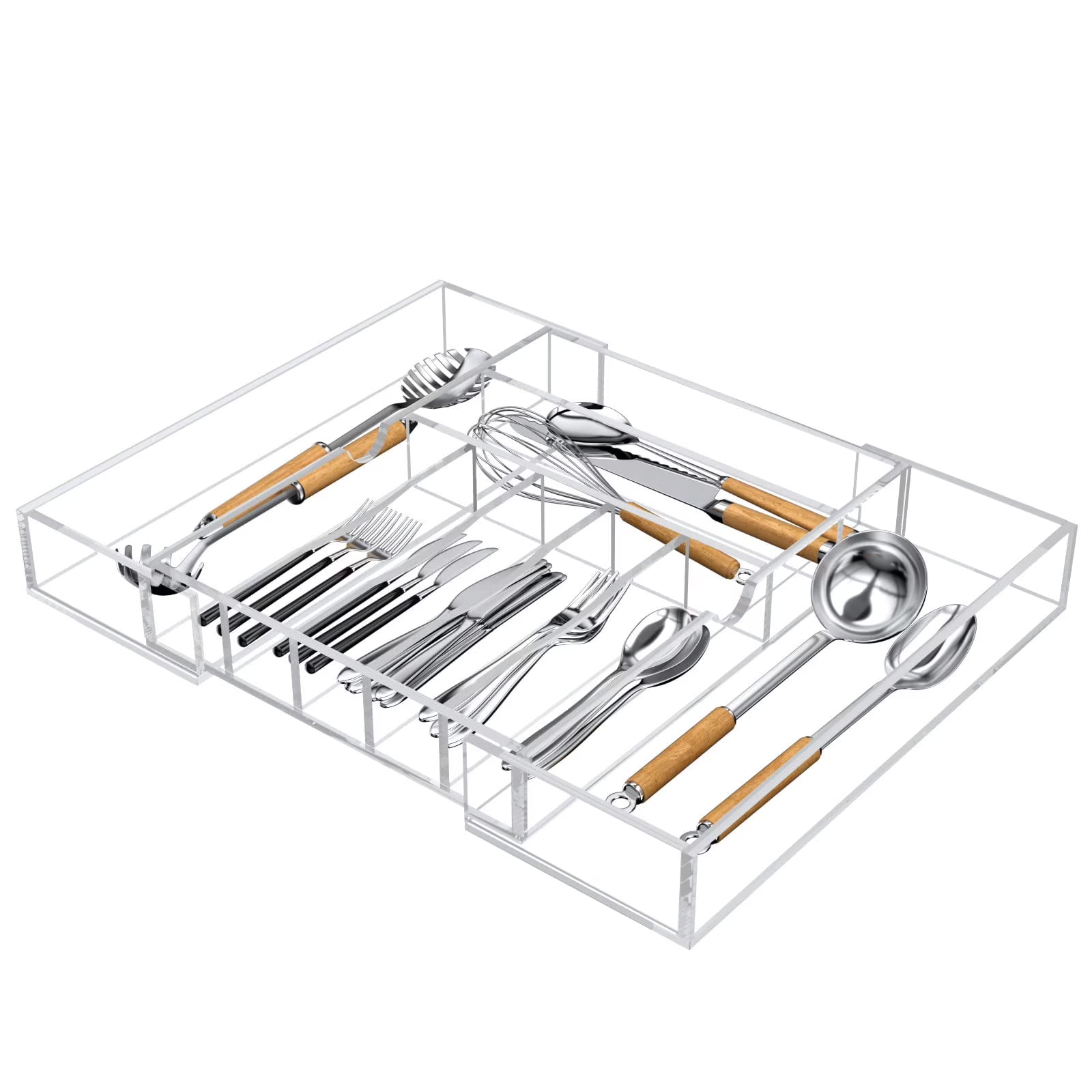 Clear Acrylic Expandable Drawer Organizer for Silverware Utensils Office Bathroom Supplies, Adjustable Kitchen Tray with 9 Compartments, Transparent